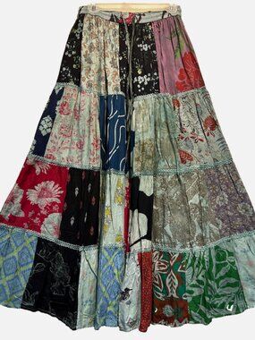 Nwt FUNKY STUFF boho hippy patch rayon elastic waist maxi SKIRT L